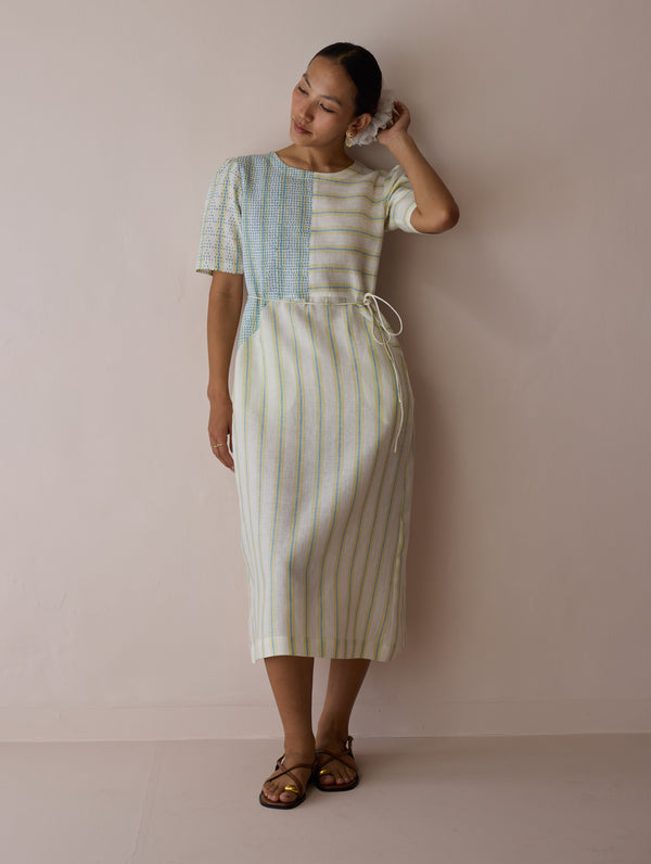 Sola Patchwork Block-Printed Linen Dress - Ivory