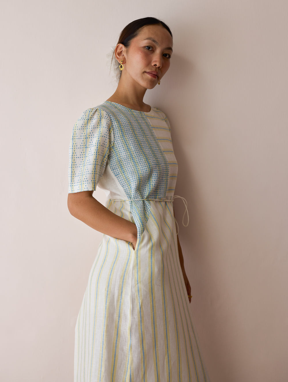 Sola Patchwork Block-Printed Linen Dress - Ivory