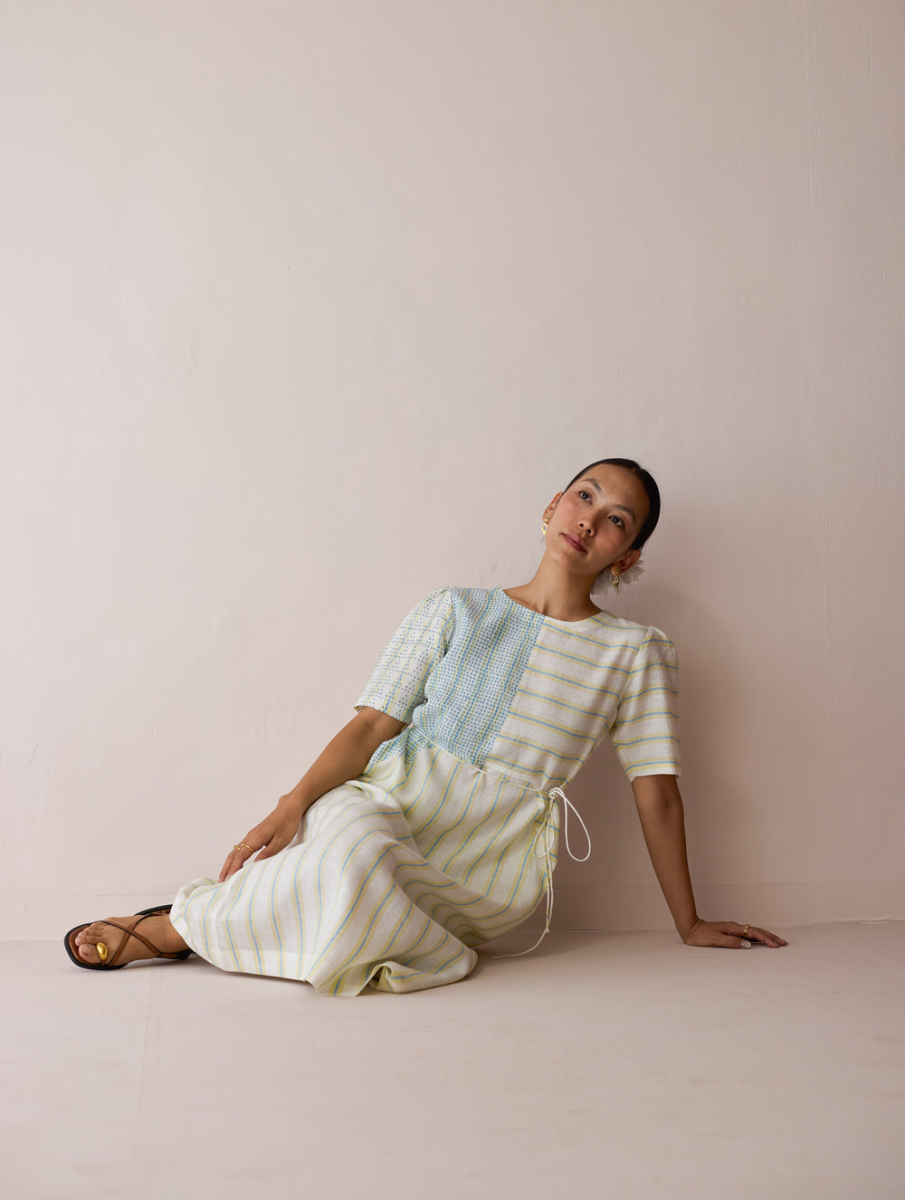 Sola Patchwork Block-Printed Linen Dress - Ivory