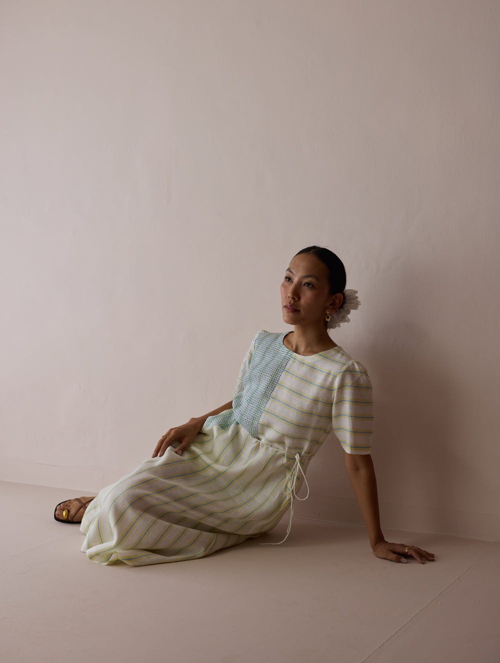 Sola Patchwork Block-Printed Linen Dress - Ivory