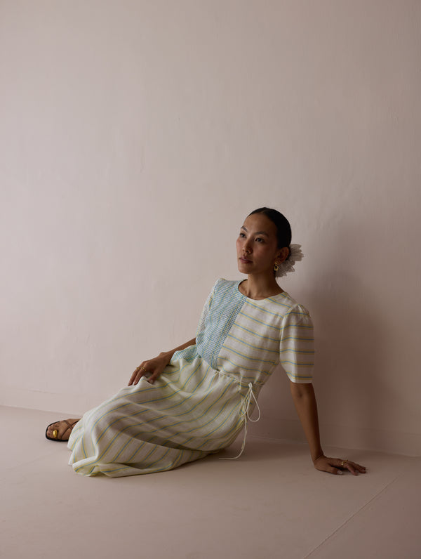 Sola Patchwork Block-Printed Linen Dress - Ivory
