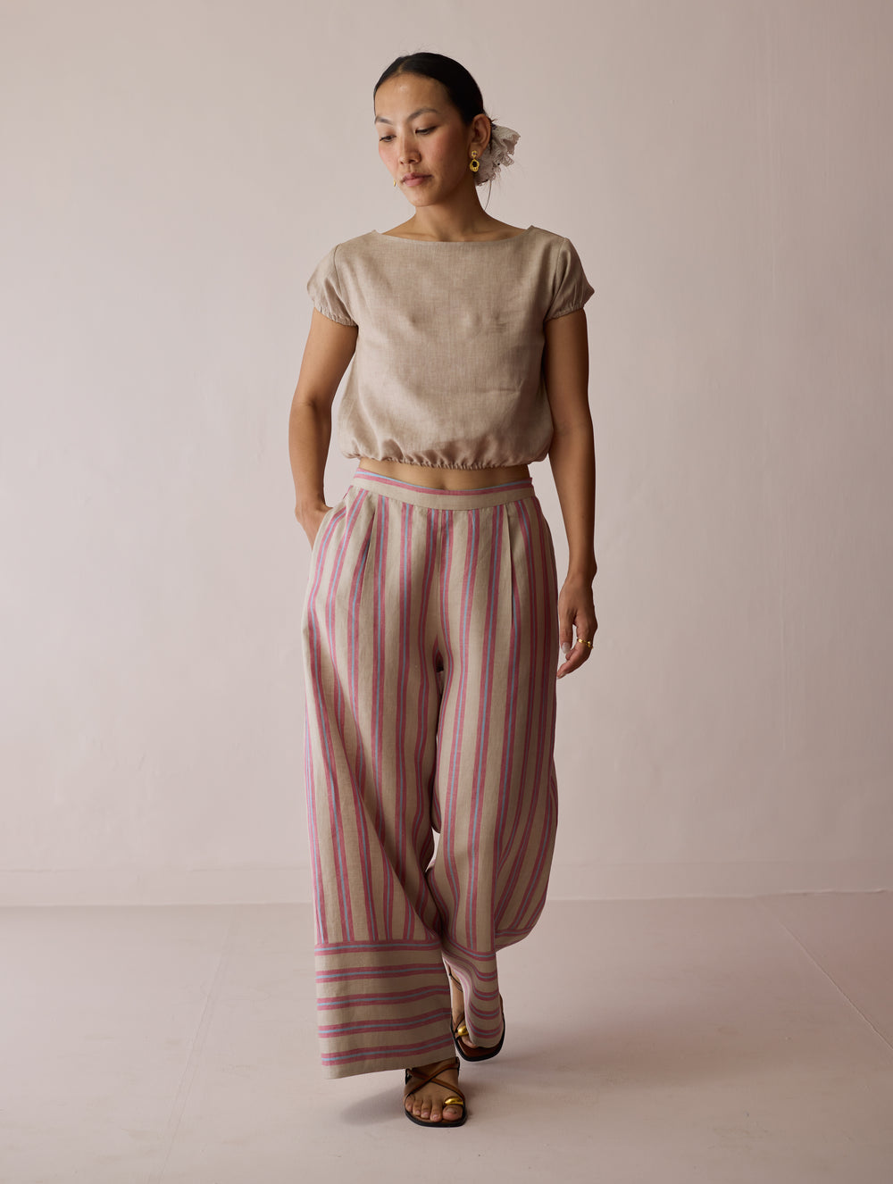 Carmi Wide Leg Stripe Linen Pants - Natural