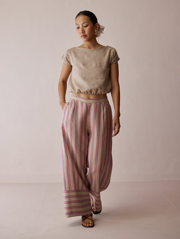 Carmi Wide Leg Stripe Linen Pants - Natural