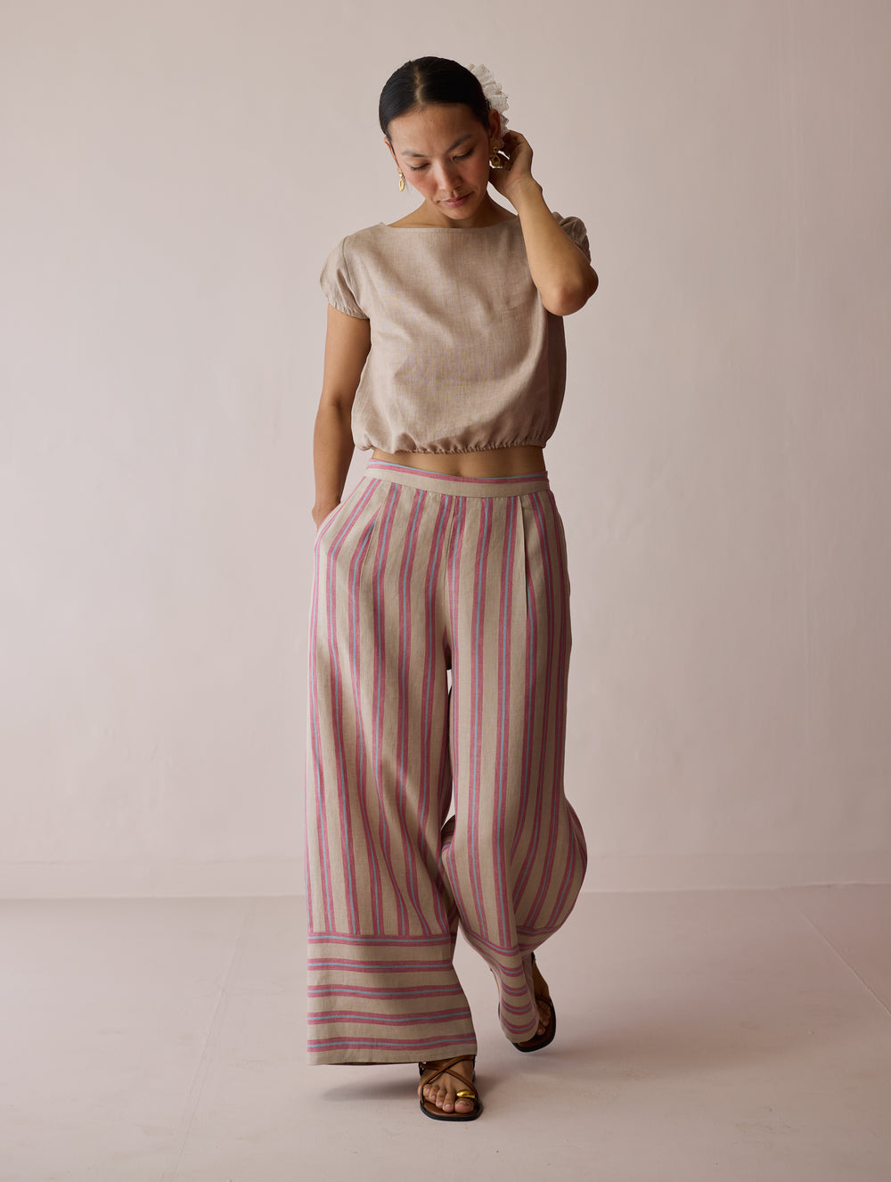 Carmi Wide Leg Stripe Linen Pants - Natural