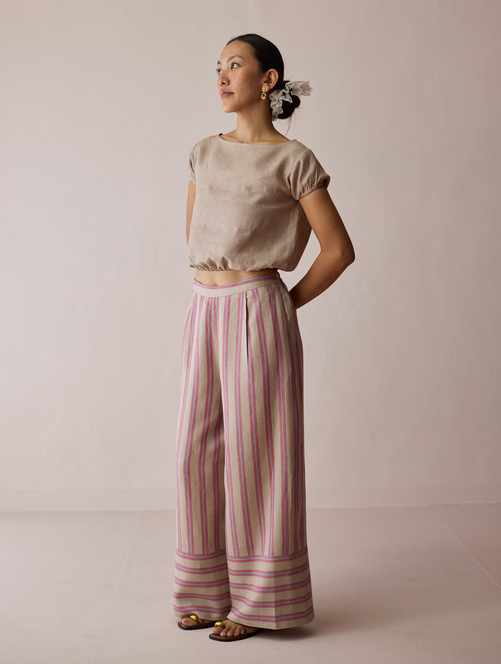 Carmi Wide Leg Stripe Linen Pants - Natural
