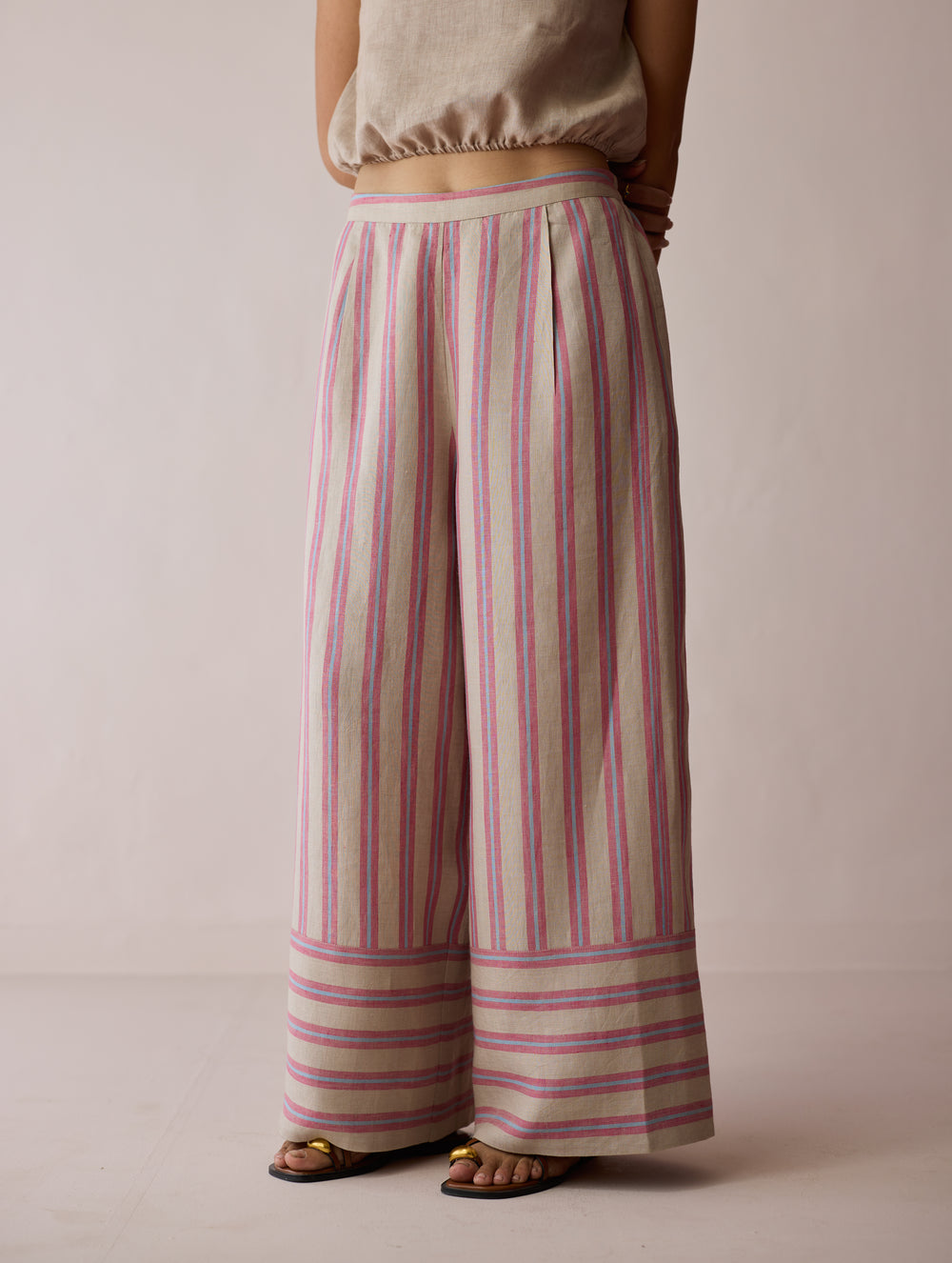 Carmi Wide Leg Stripe Linen Pants - Natural