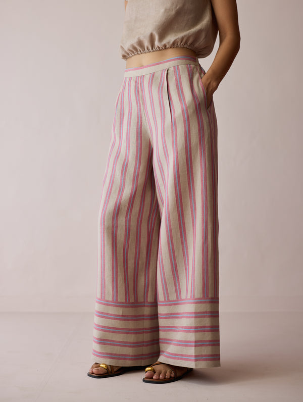 Carmi Wide Leg Stripe Linen Pants - Natural