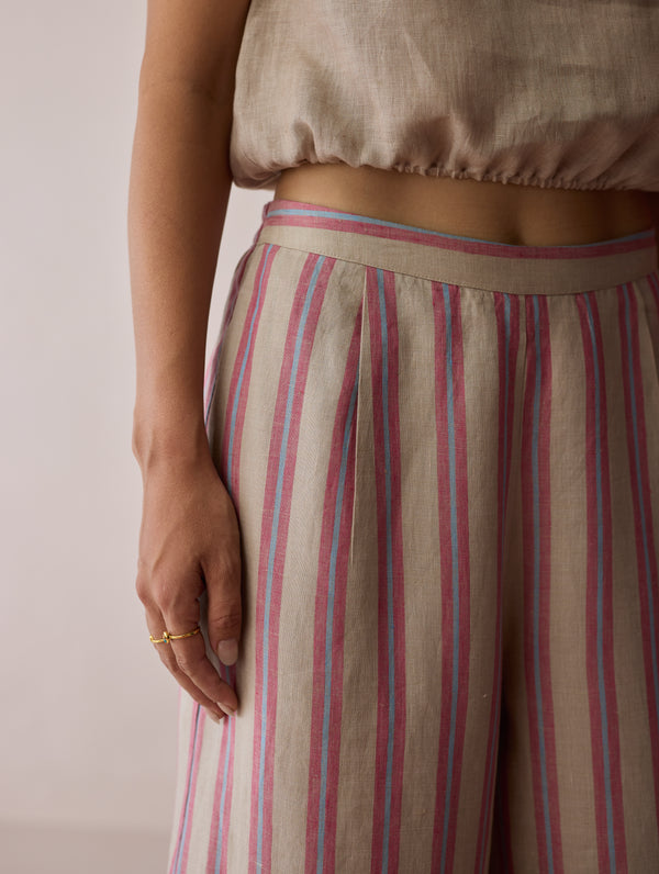 Carmi Wide Leg Stripe Linen Pants - Natural