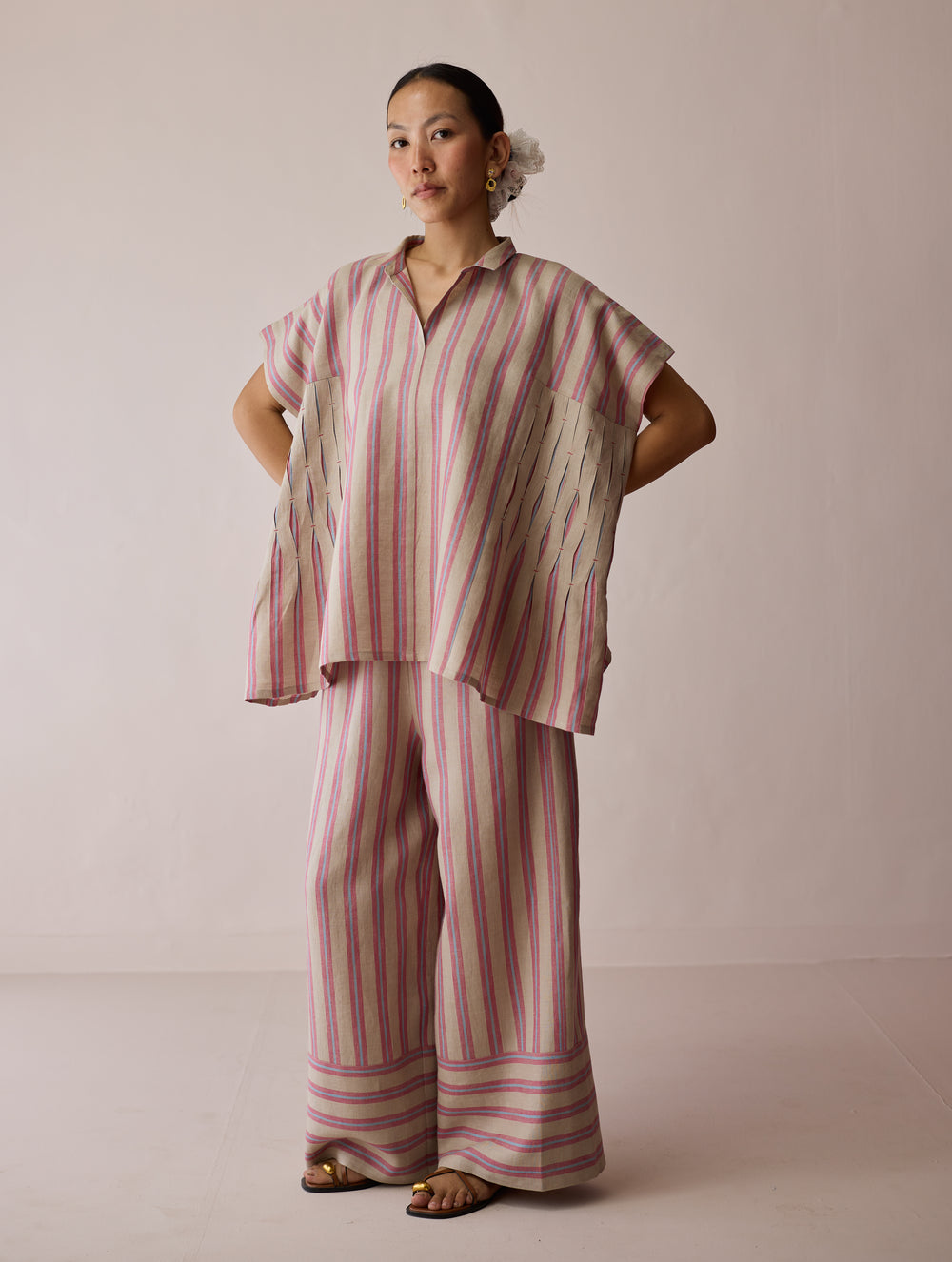 Venn Pleated Stripe Linen Top - Natural