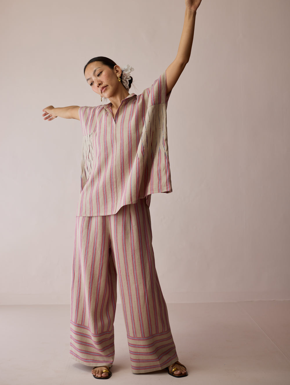Venn Pleated Stripe Linen Top - Natural
