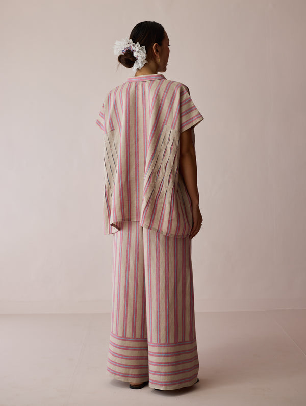 Venn Pleated Stripe Linen Top - Natural