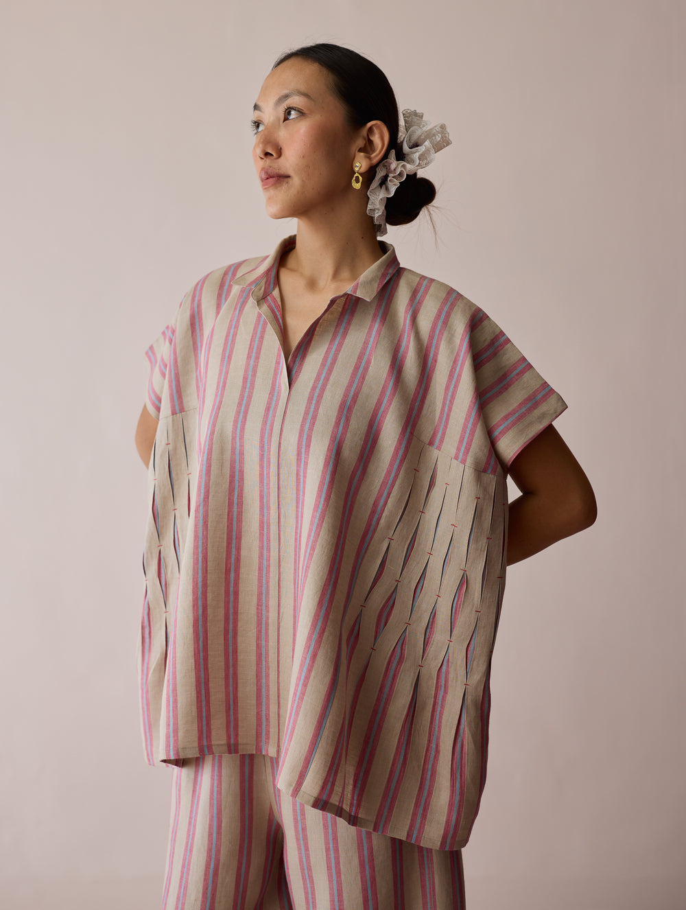Venn Pleated Stripe Linen Top - Natural