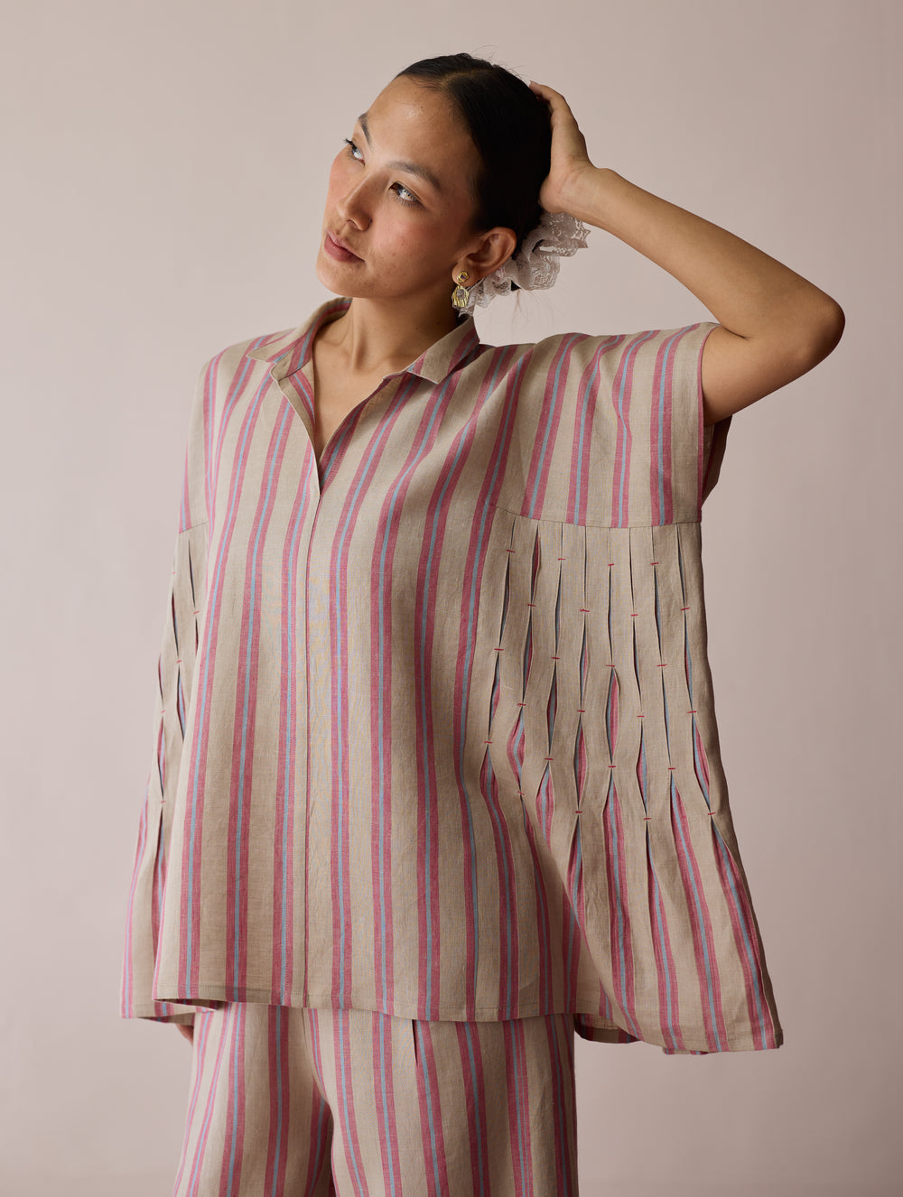 Venn Pleated Stripe Linen Top - Natural