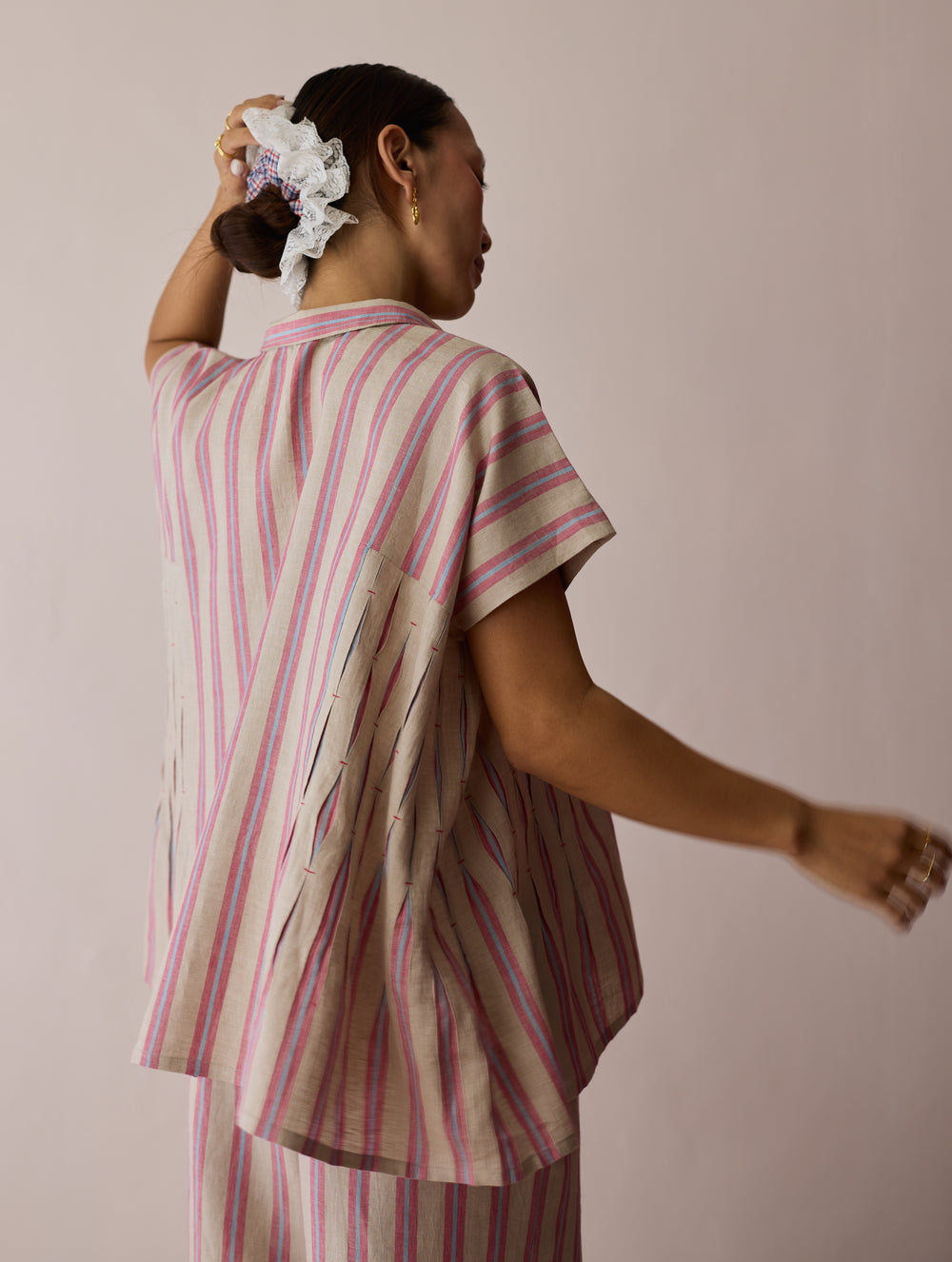 Venn Pleated Stripe Linen Top - Natural