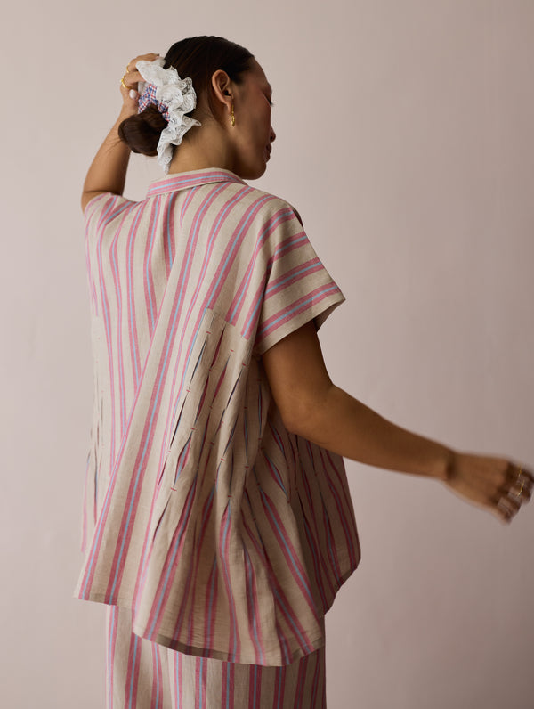 Venn Pleated Stripe Linen Top - Natural