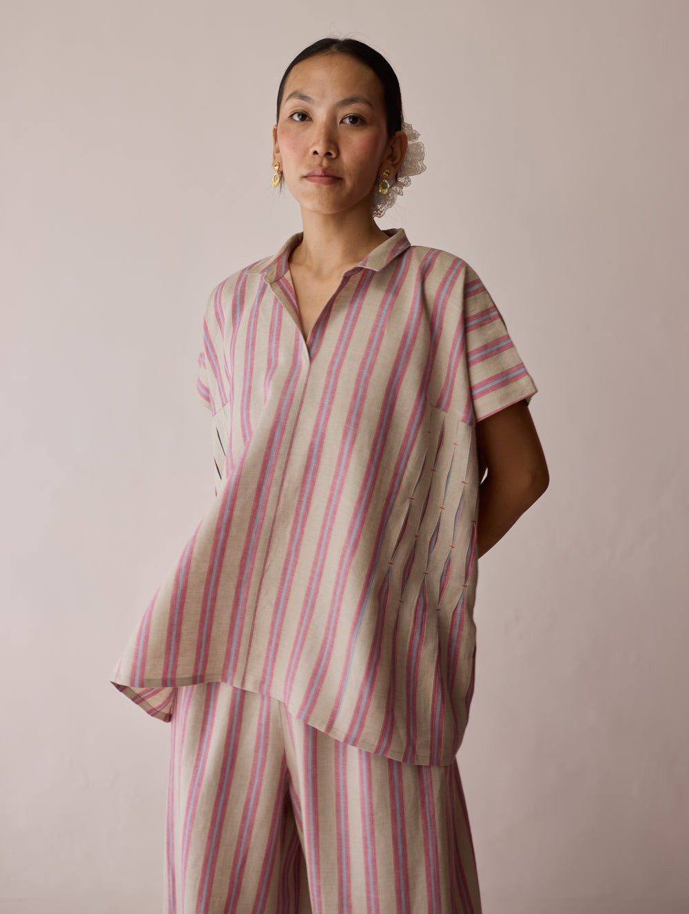 Venn Pleated Stripe Linen Top - Natural