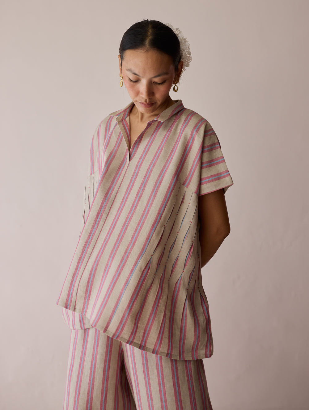 Venn Pleated Stripe Linen Top - Natural