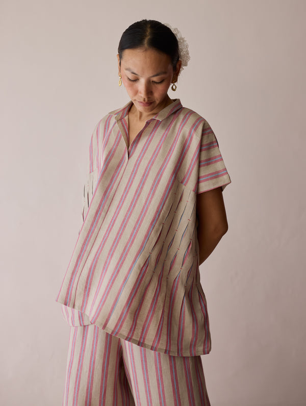 Venn Pleated Stripe Linen Top - Natural