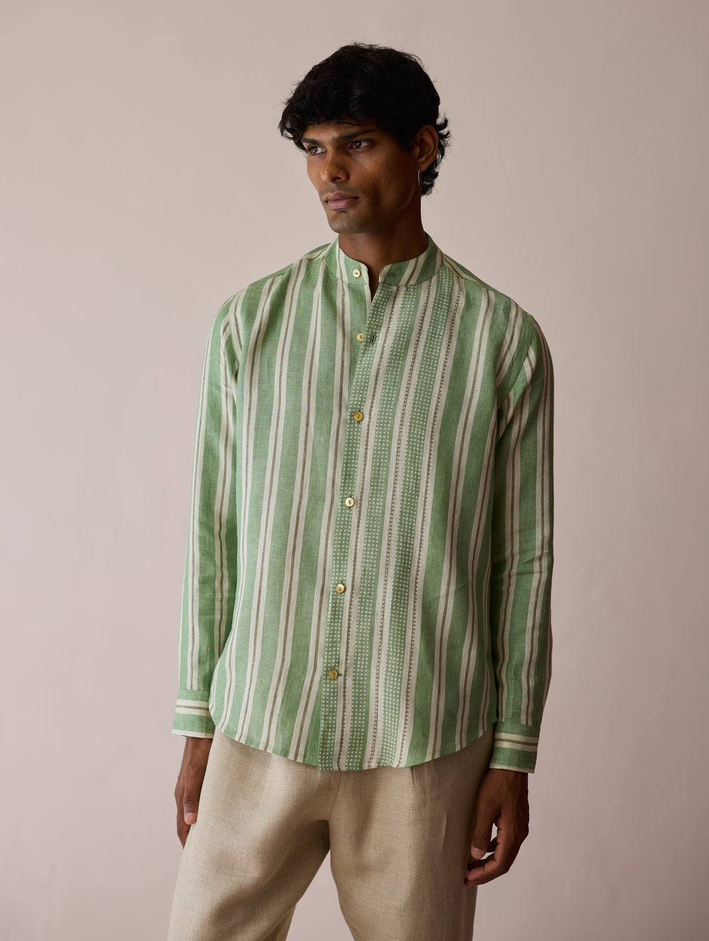 Ari Stripe Linen Block-Printed Shirt - Fern