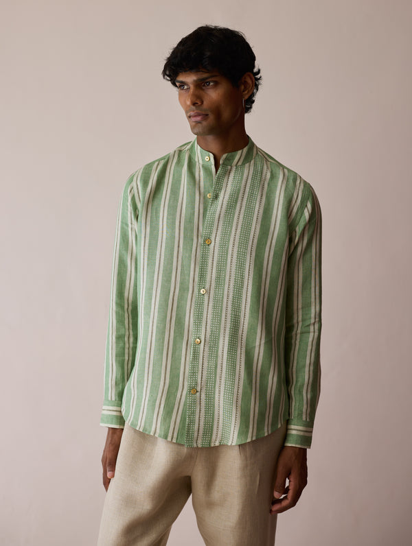 Ari Stripe Linen Block-Printed Shirt - Fern