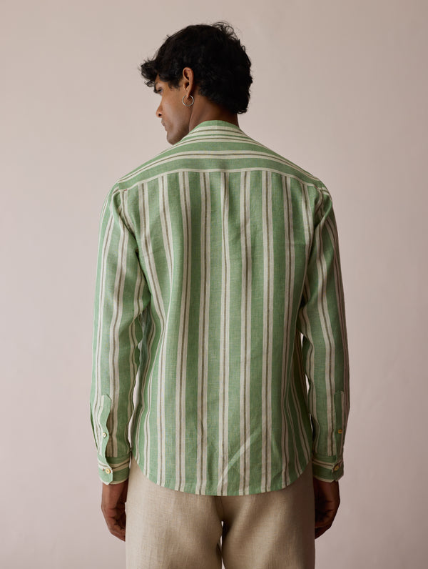 Ari Stripe Linen Block-Printed Shirt - Fern
