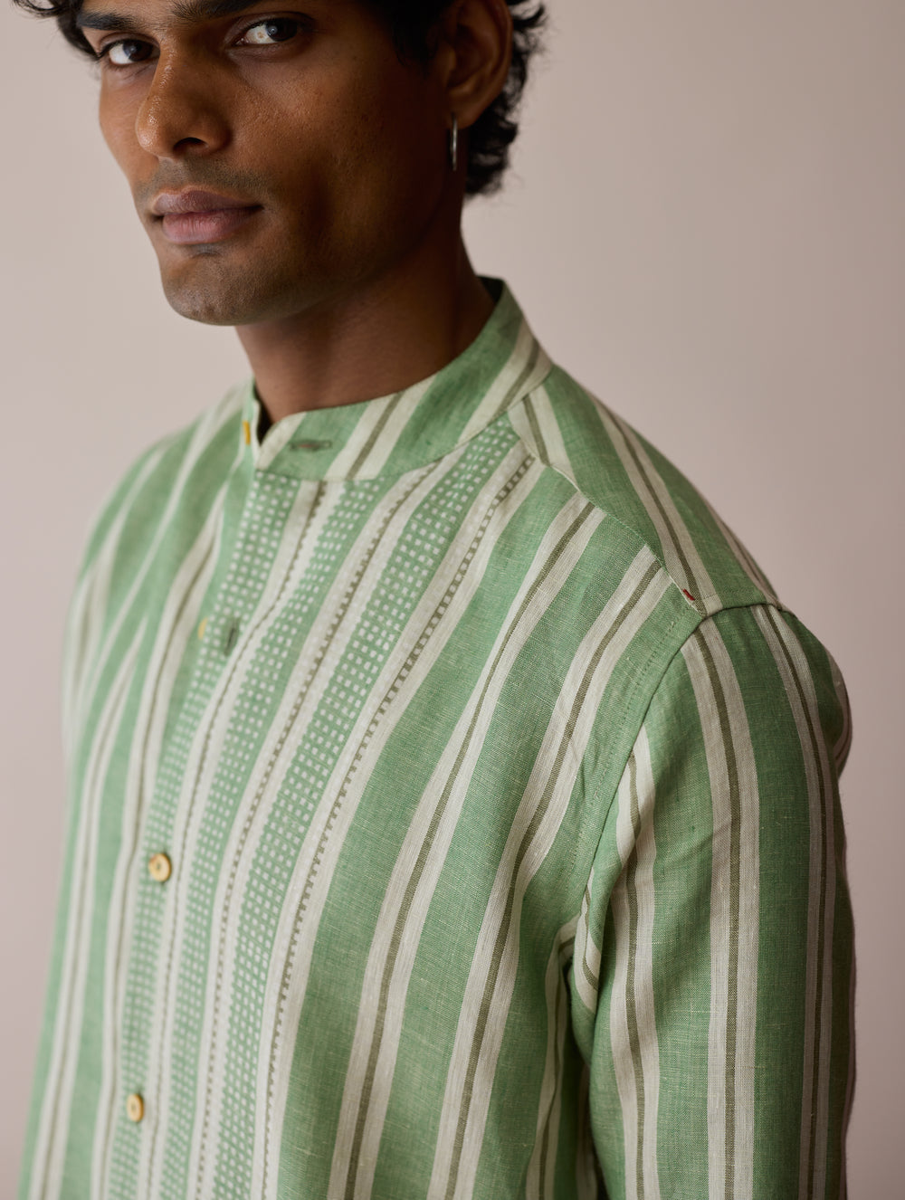 Ari Stripe Linen Block-Printed Shirt - Fern