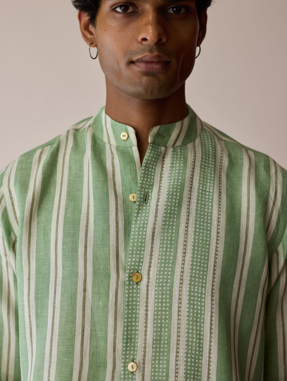Ari Stripe Linen Block-Printed Shirt - Fern