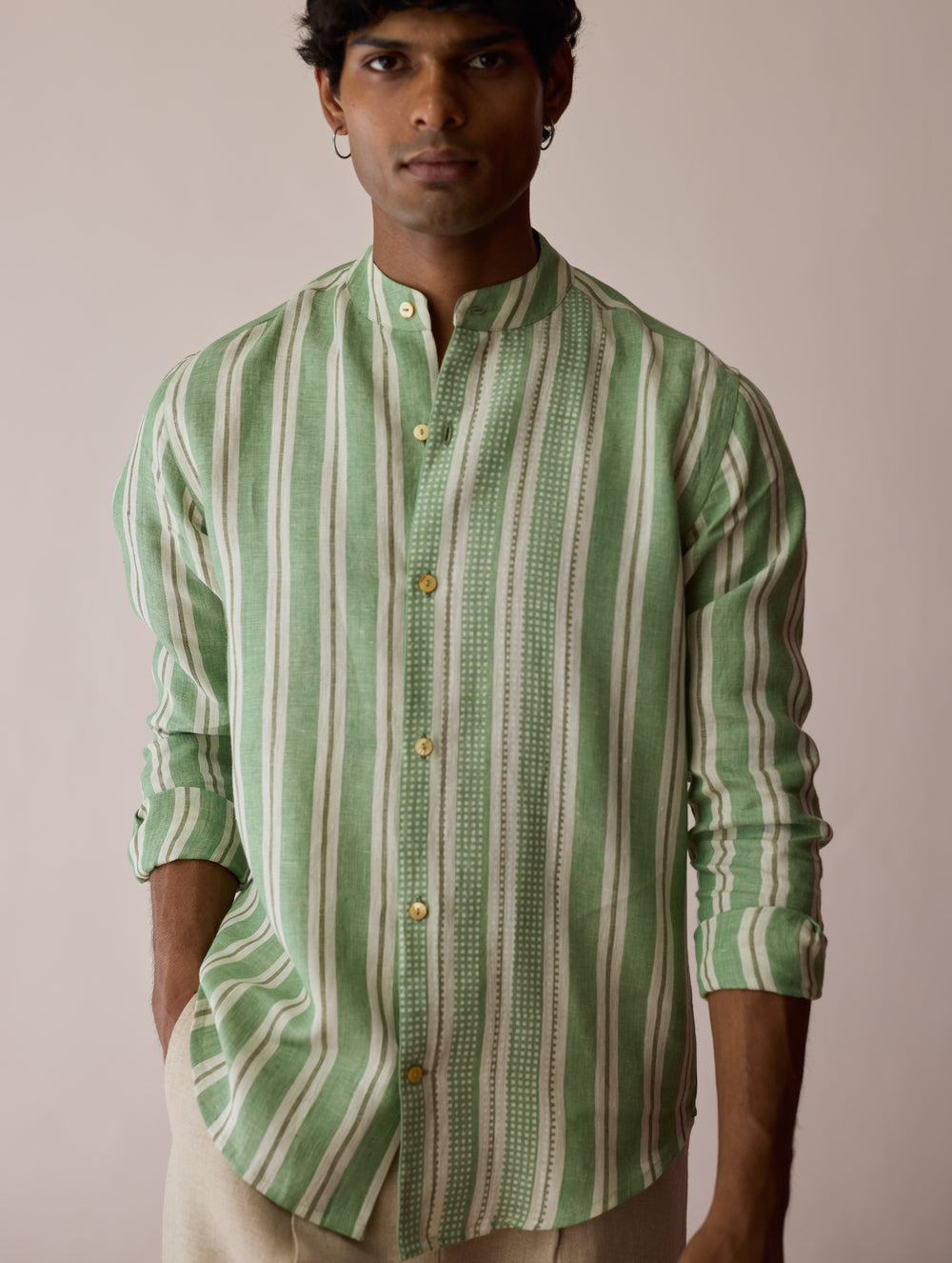 Ari Stripe Linen Block-Printed Shirt - Fern