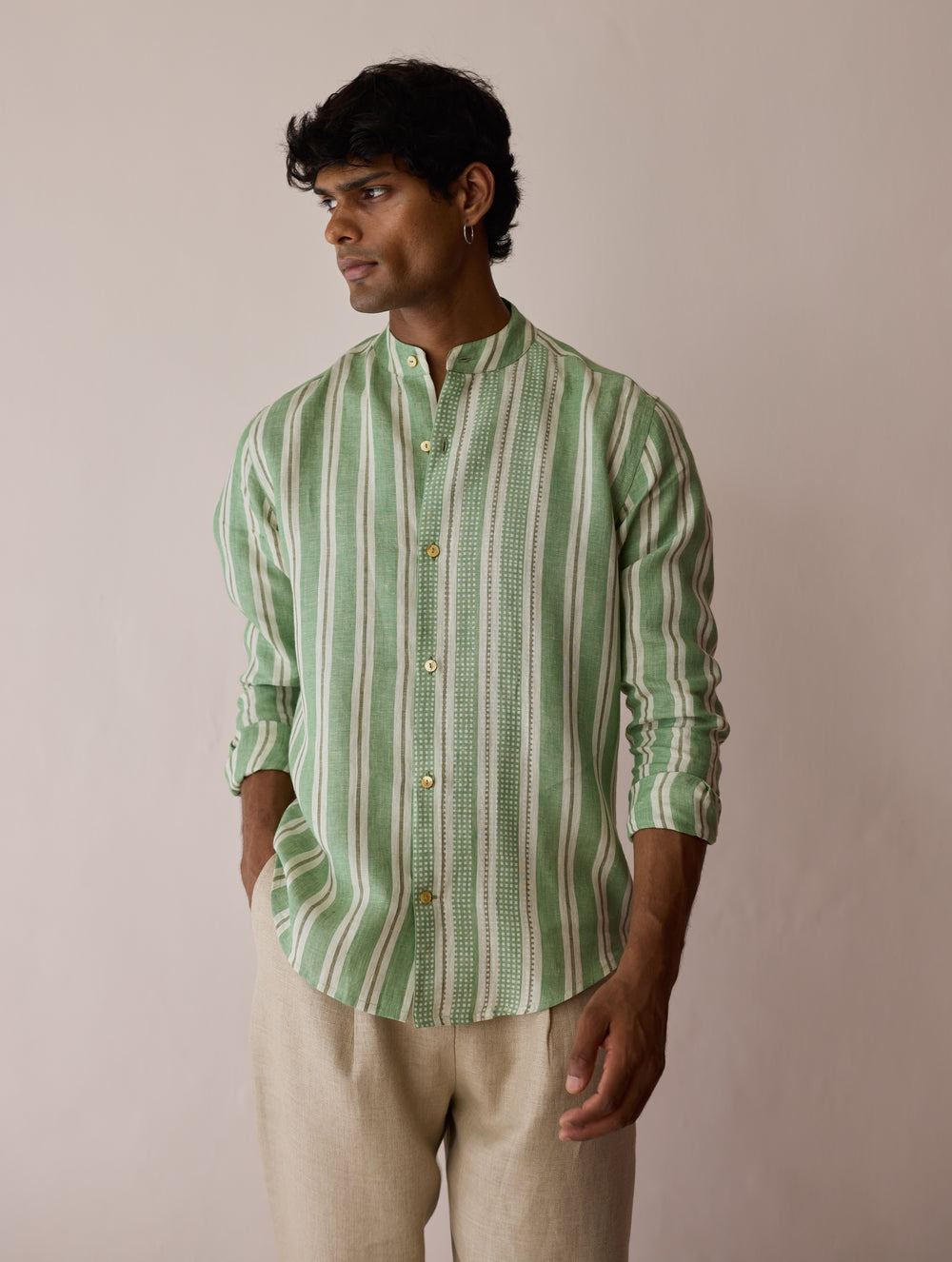 Ari Stripe Linen Block-Printed Shirt - Fern