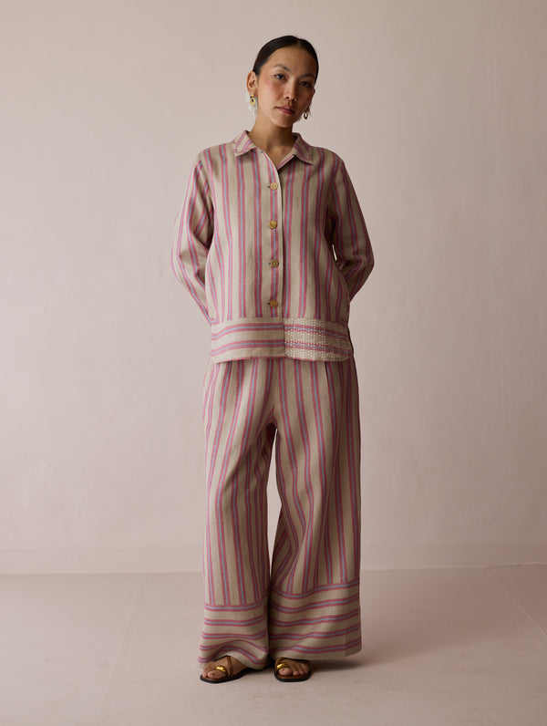 Erra Block-Printed Stripe Linen Shirt - Natural