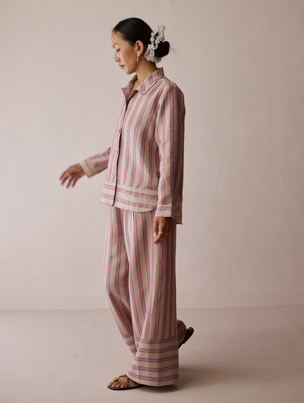 Erra Block-Printed Stripe Linen Shirt - Natural