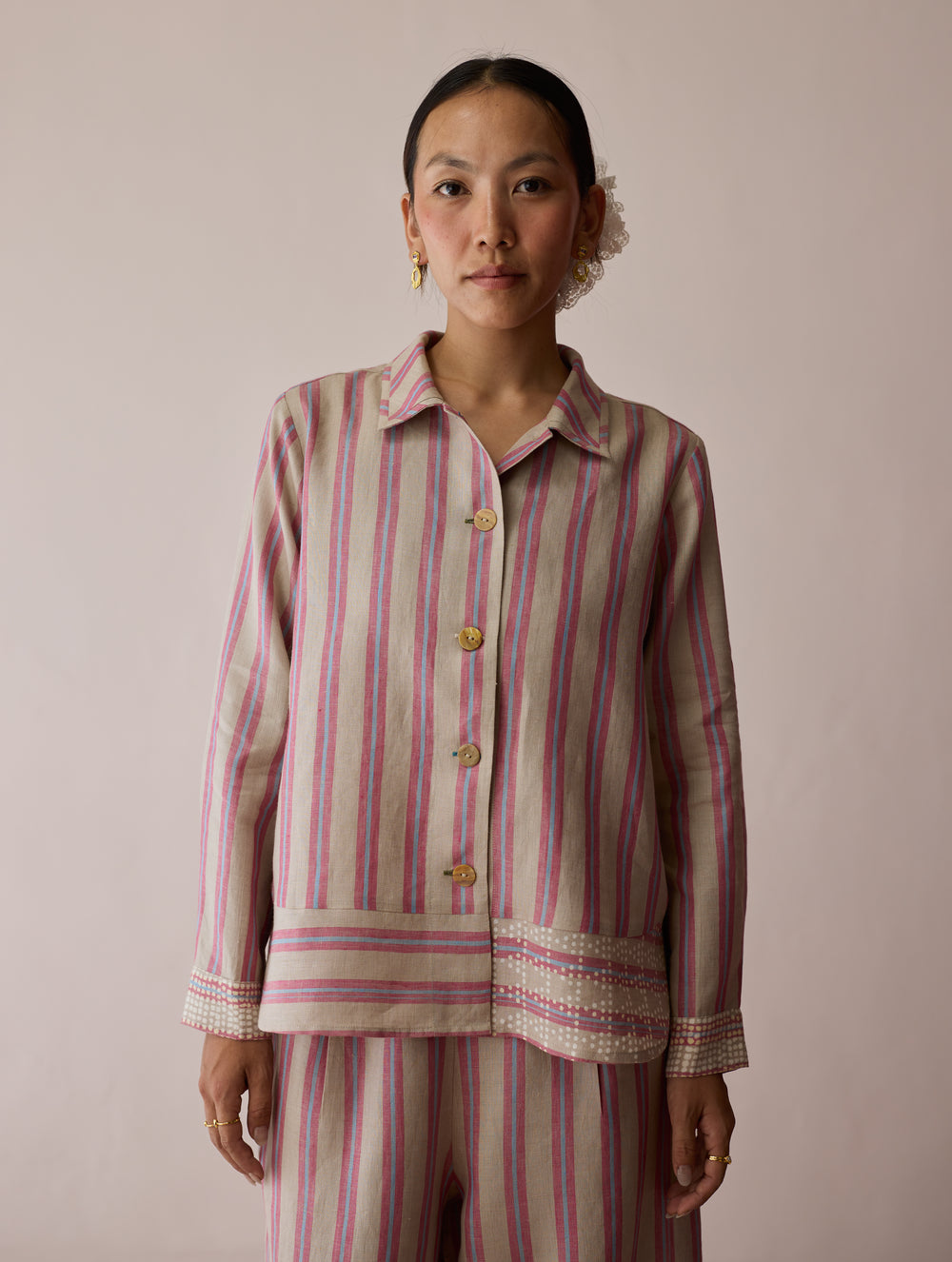 Erra Block-Printed Stripe Linen Shirt - Natural
