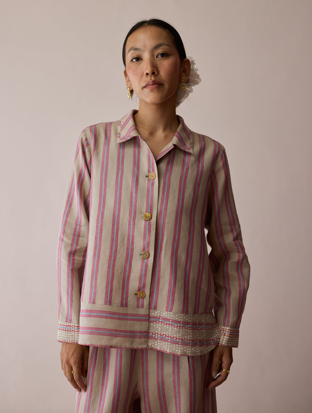 Erra Block-Printed Stripe Linen Shirt - Natural