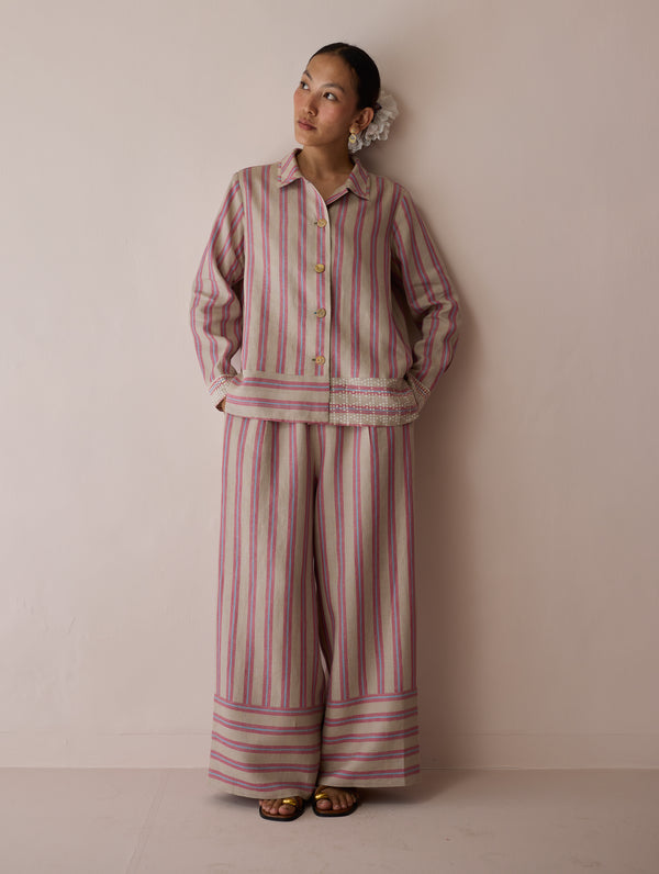 Erra Block-Printed Stripe Linen Shirt - Natural