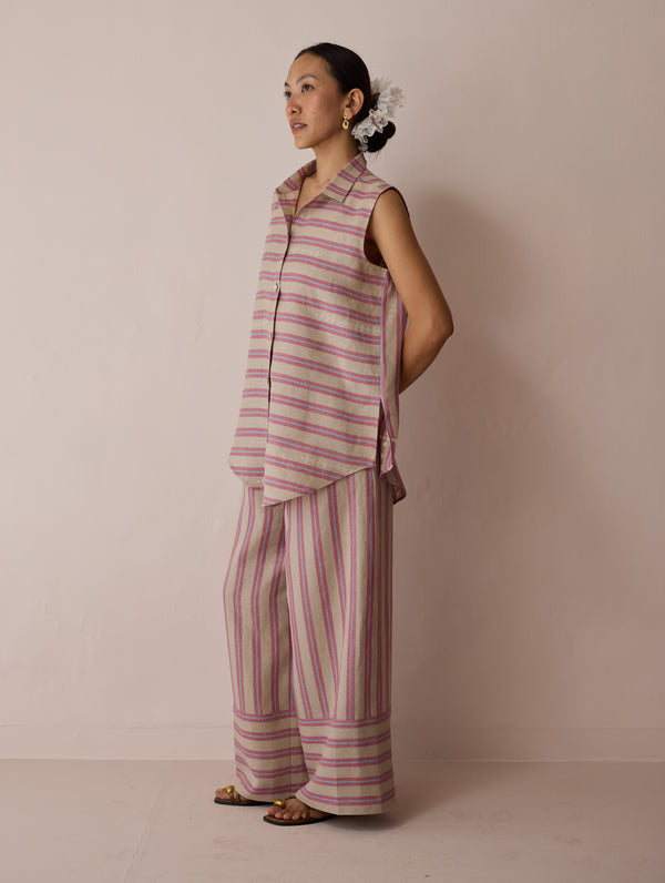 Ello Sleeveless Block-Printed Linen Shirt - Natural