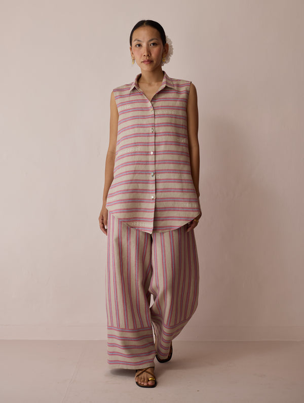 Ello Sleeveless Block-Printed Linen Shirt - Natural