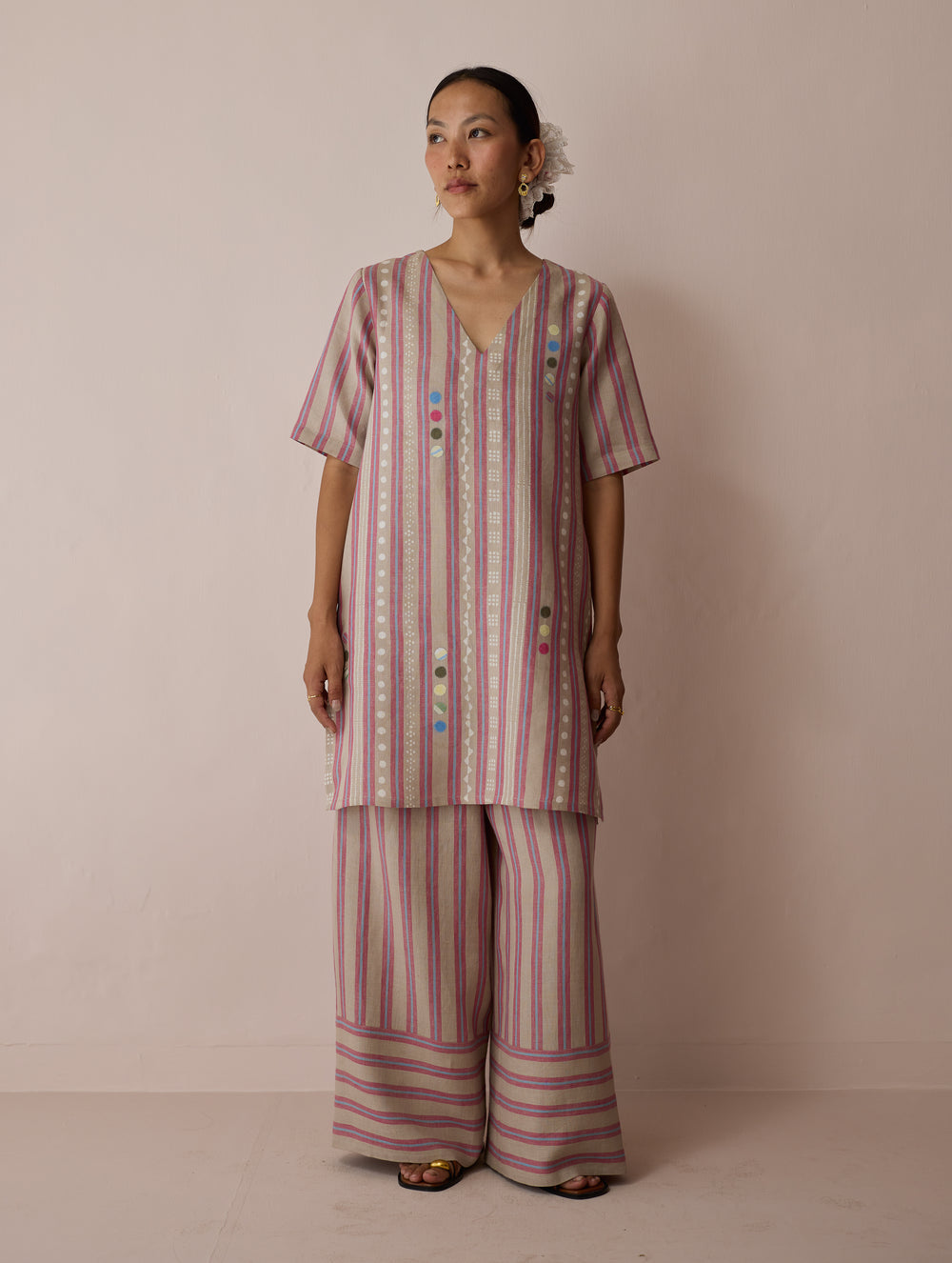 Selle Linen Applique Kurta Set - Natural