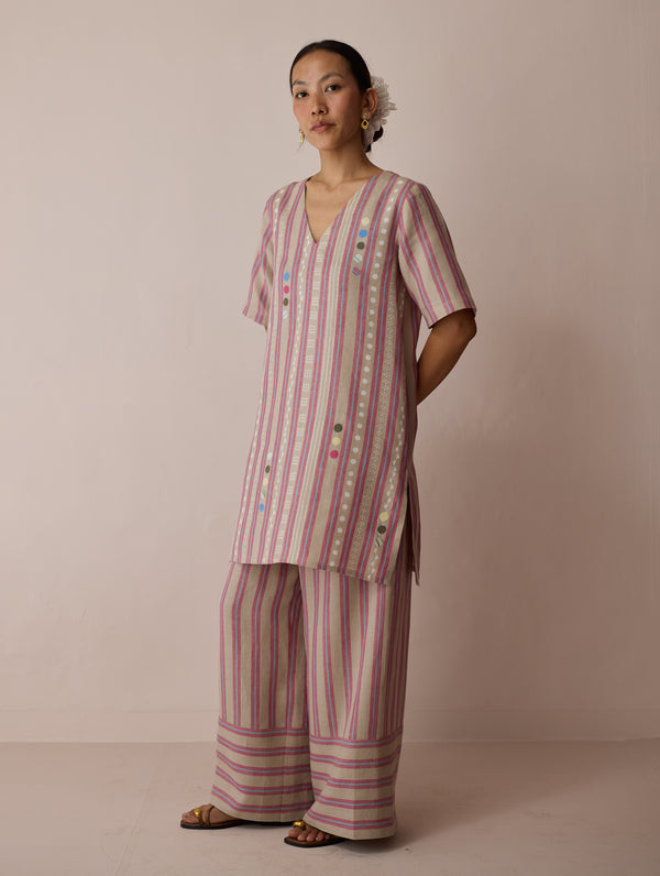 Selle Linen Stripe Applique Kurta - Natural