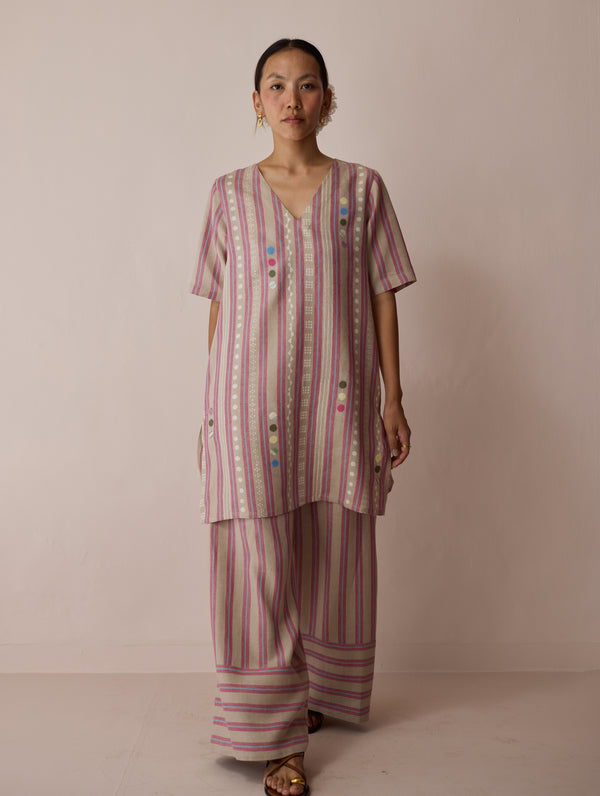 Selle Linen Stripe Applique Kurta - Natural