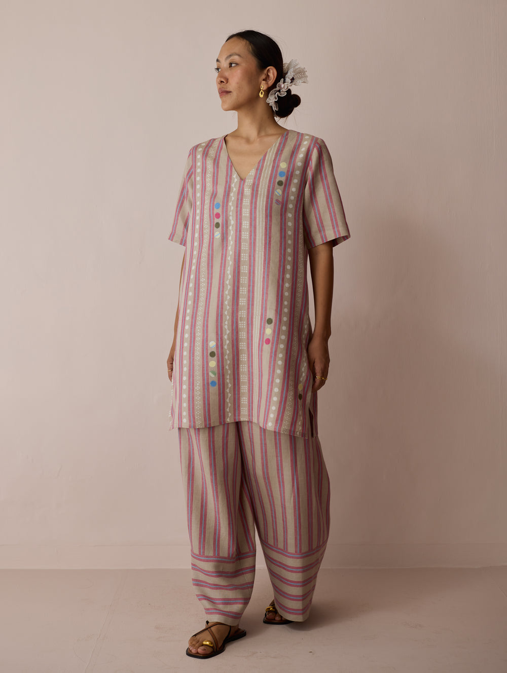 Selle Linen Applique Kurta Set - Natural