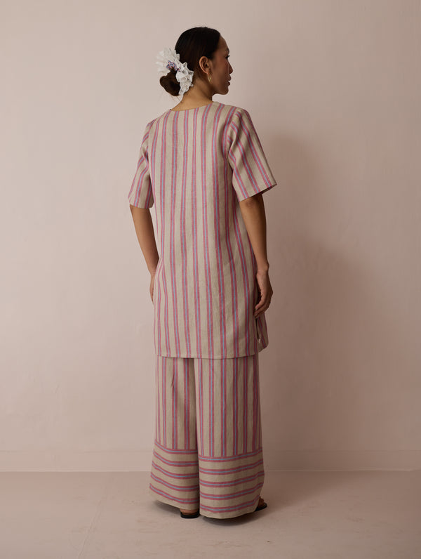 Selle Linen Stripe Applique Kurta - Natural