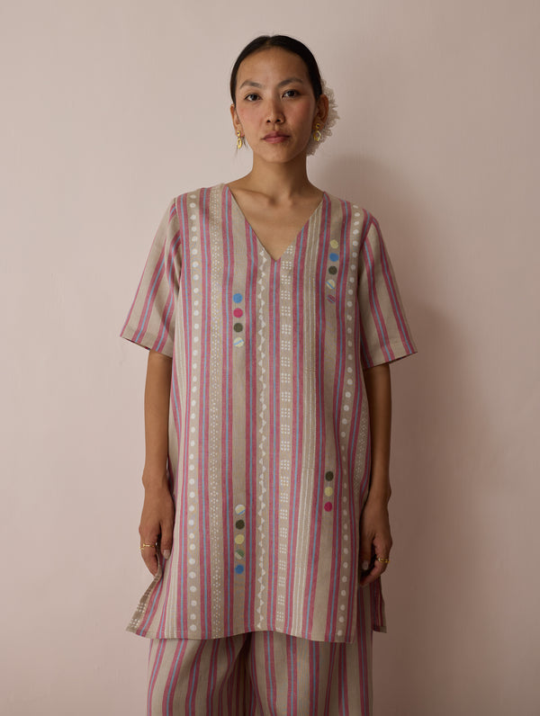Selle Linen Stripe Applique Kurta - Natural