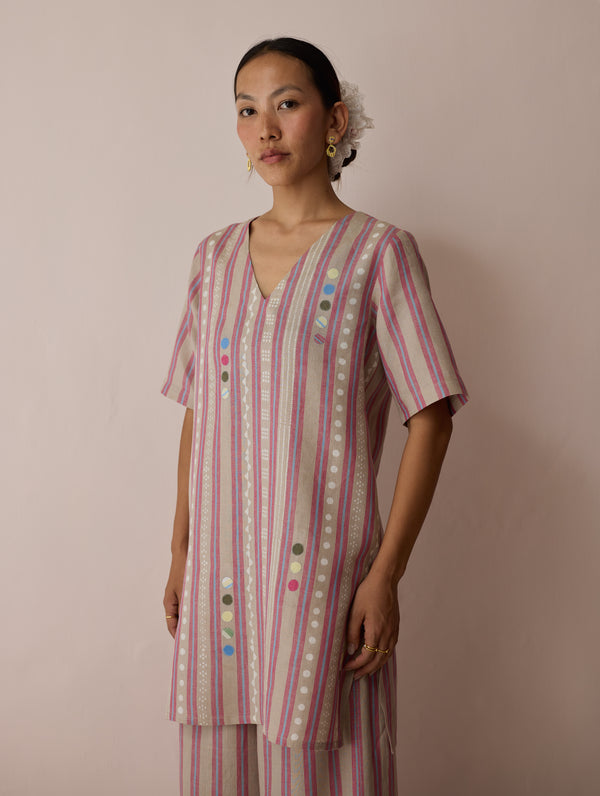 Selle Linen Stripe Applique Kurta - Natural