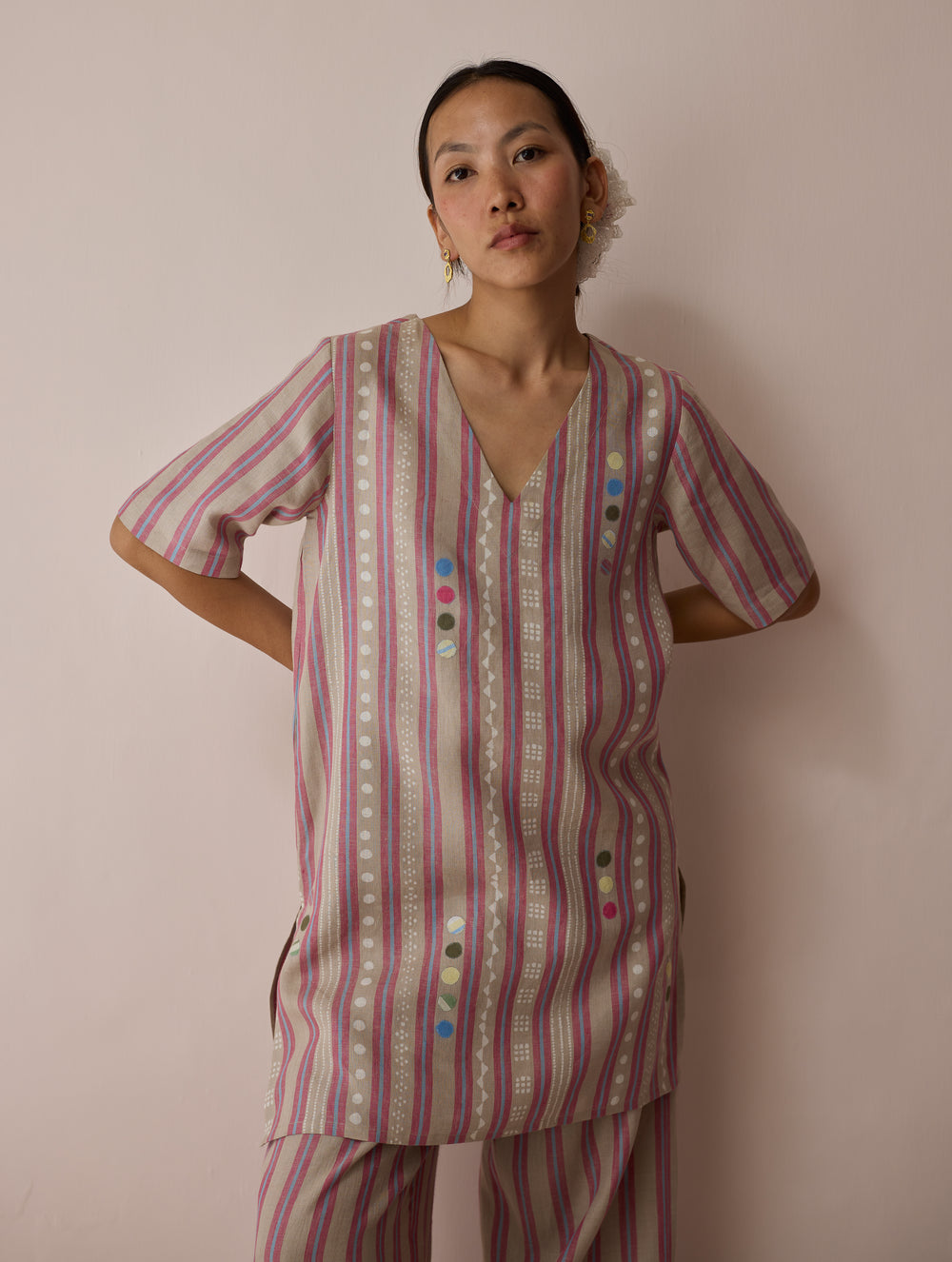 Selle Linen Applique Kurta Set - Natural