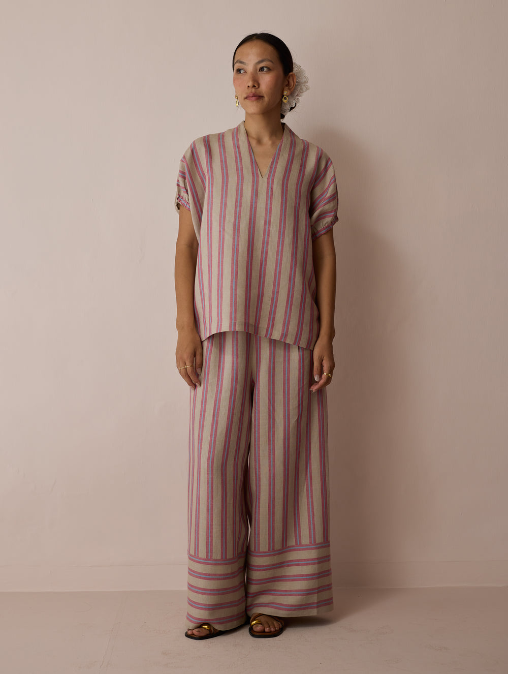Anne V-Neck Stripe Linen Co-ord Set - Natural