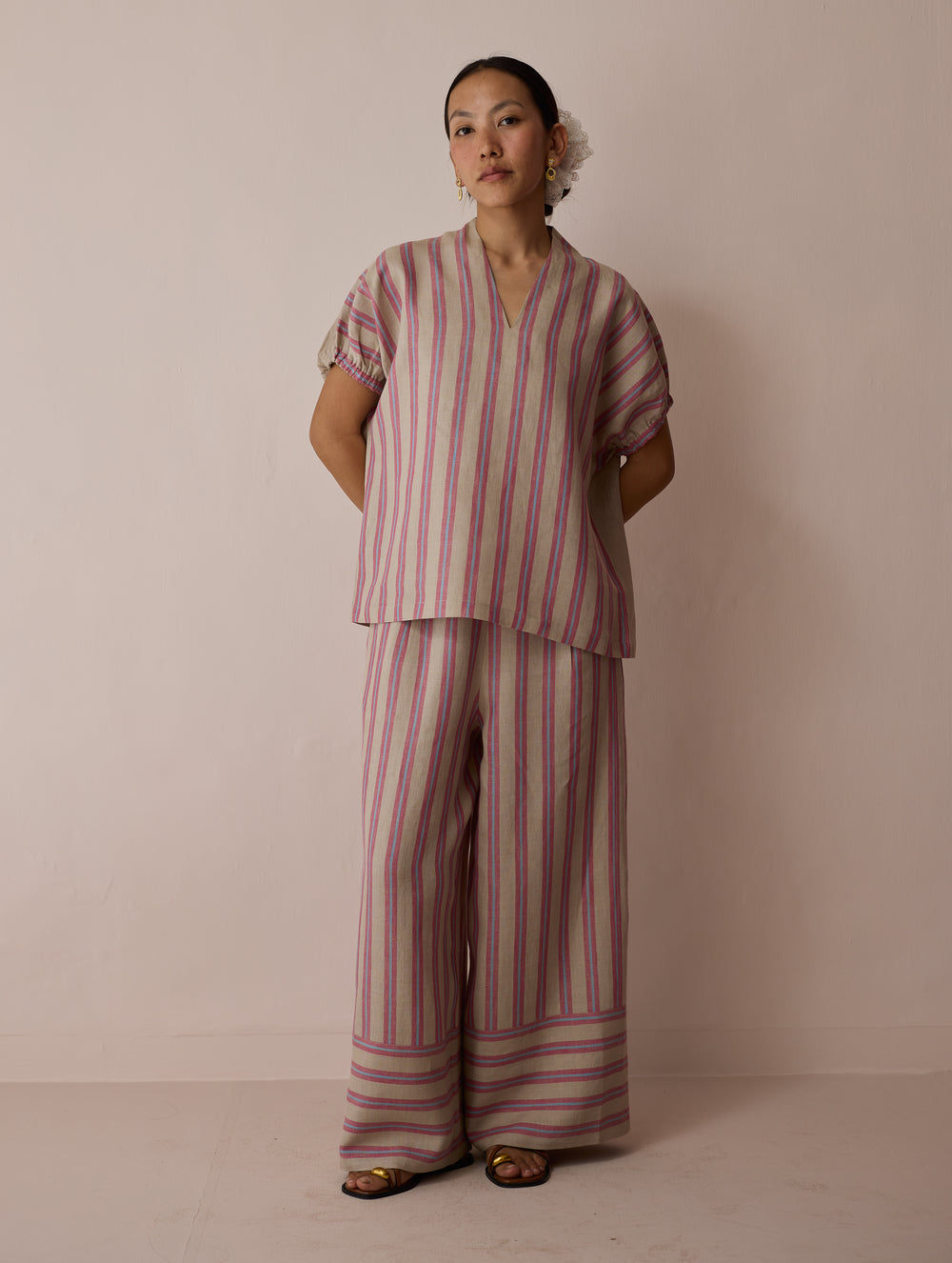 Anne V-Neck Stripe Linen Top - Natural