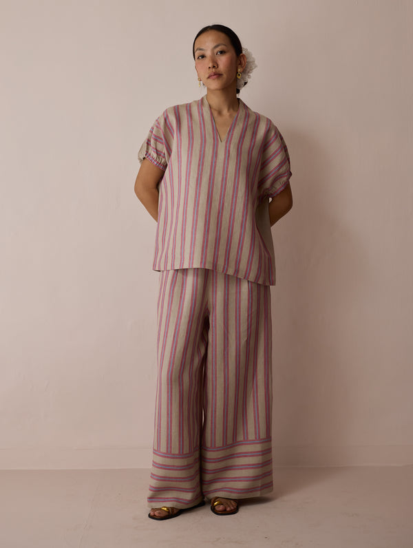 Anne V-Neck Stripe Linen Top - Natural