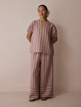 Anne V-Neck Stripe Linen Top - Natural