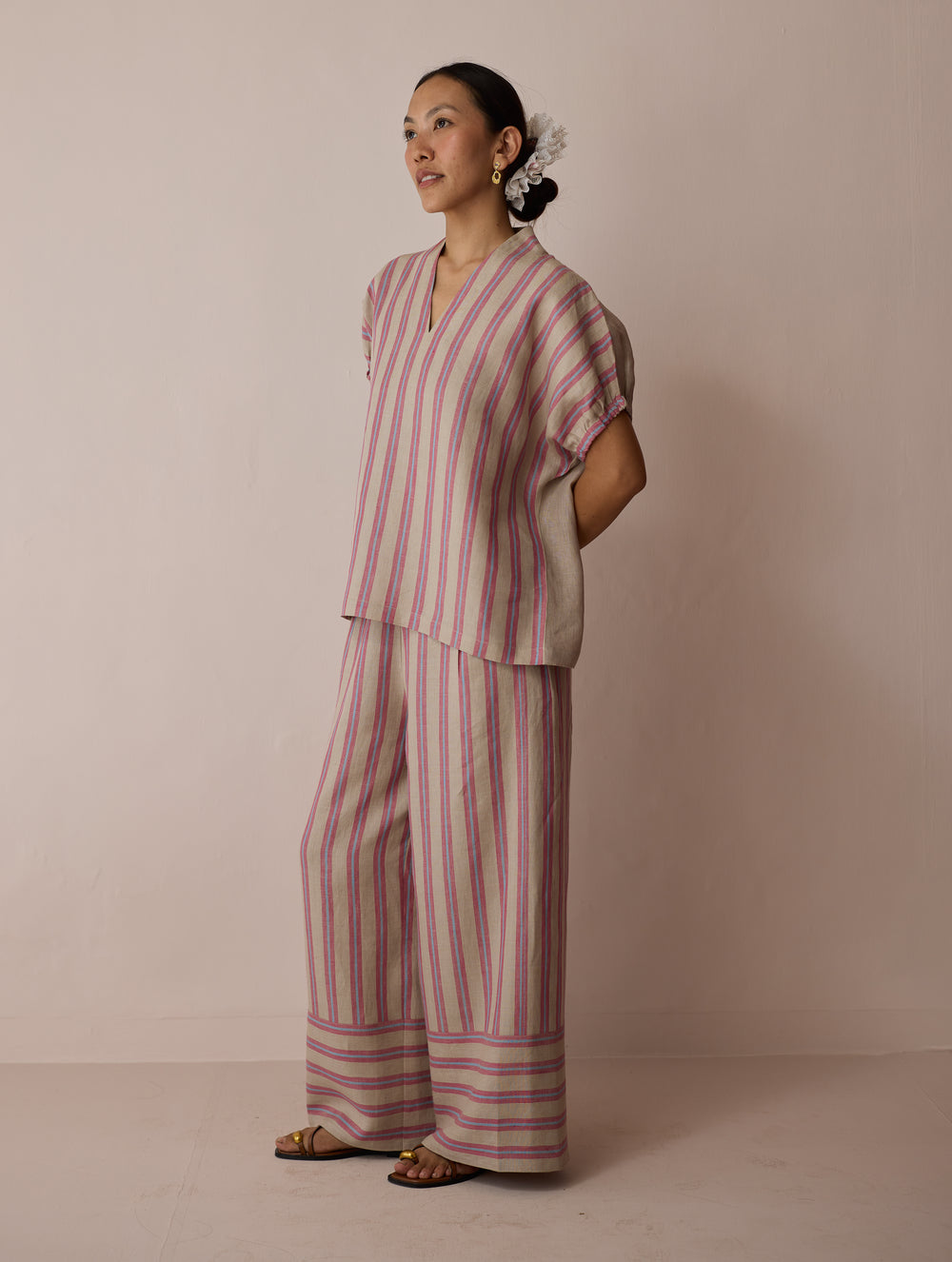 Anne V-Neck Stripe Linen Co-ord Set - Natural