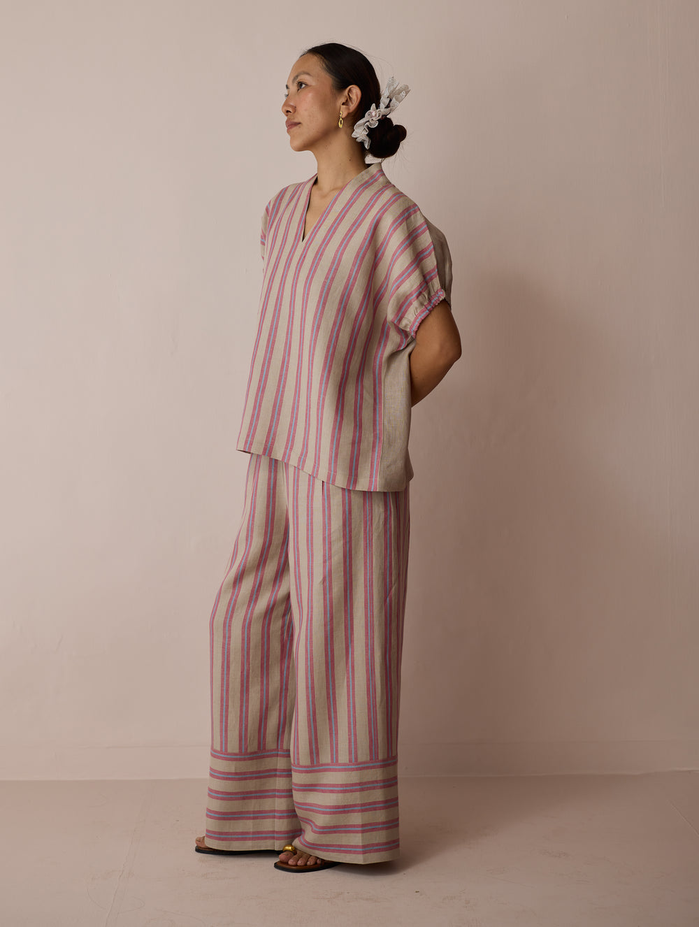 Anne V-Neck Stripe Linen Top - Natural